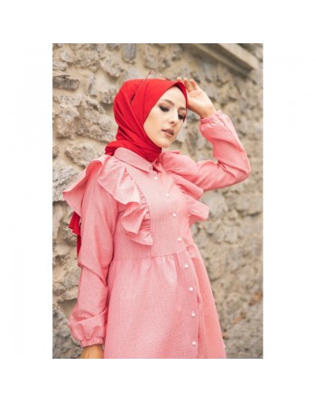 Tunique-chemise à volants ample pour femme (Vêtement pour Hijab - Nouvelle collection) - Couleur des rayures rouge et blanc 