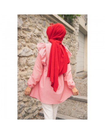 Tunique-chemise à volants ample pour femme (Vêtement pour Hijab - Nouvelle collection) - Couleur des rayures rouge et blanc 