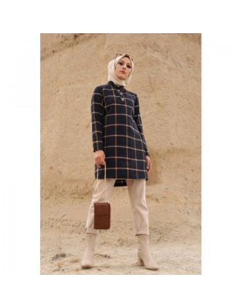 Tunique à carreaux pour femme (Modest Fashion France - Mode modeste) - Couleur bleu et tabac 
