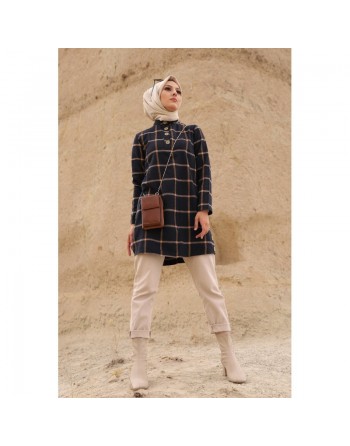 Tunique à carreaux pour femme (Modest Fashion France - Mode modeste) - Couleur bleu et tabac 
