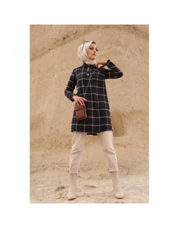 Tunique à carreaux pour femme (Modest Fashion France - Mode modeste) - Couleur bleu et tabac 