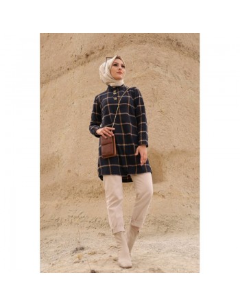 Tunique à carreaux pour femme (Modest Fashion France - Mode modeste) - Couleur bleu et tabac 