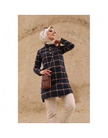 Tunique à carreaux pour femme (Modest Fashion France - Mode modeste) - Couleur bleu et tabac 