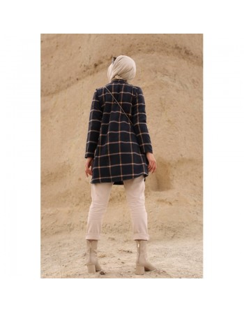 Tunique à carreaux pour femme (Modest Fashion France - Mode modeste) - Couleur bleu et tabac 