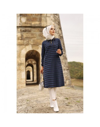 Tunique longue à rayures (Vetement hijab) - Couleur noir et bleu 
