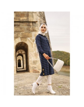 Tunique longue à rayures (Vetement hijab) - Couleur noir et bleu 