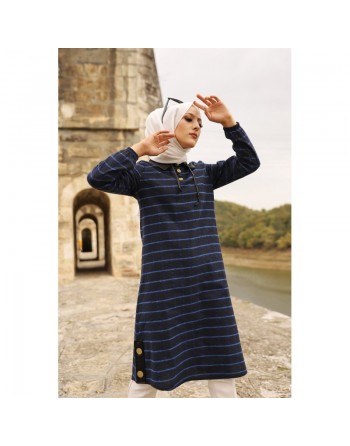 Tunique longue à rayures (Vetement hijab) - Couleur noir et bleu 