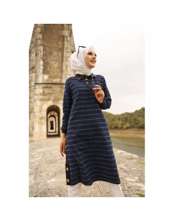Tunique longue à rayures (Vetement hijab) - Couleur noir et bleu 