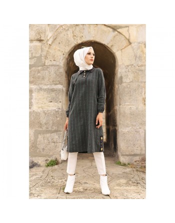 Tunique longue à rayures (Vetement hijab) - Couleur anthracite et vert 