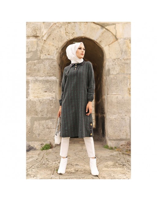 Tunique longue à rayures (Vetement hijab) - Couleur anthracite et vert 