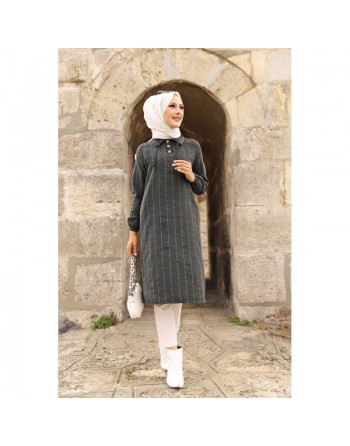 Tunique longue à rayures (Vetement hijab) - Couleur anthracite et vert 