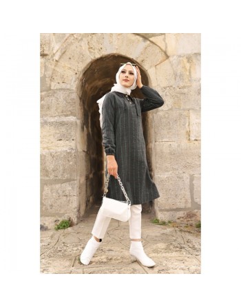 Tunique longue à rayures (Vetement hijab) - Couleur anthracite et vert 