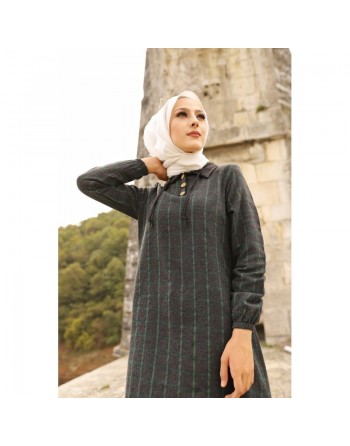 Tunique longue à rayures (Vetement hijab) - Couleur anthracite et vert 