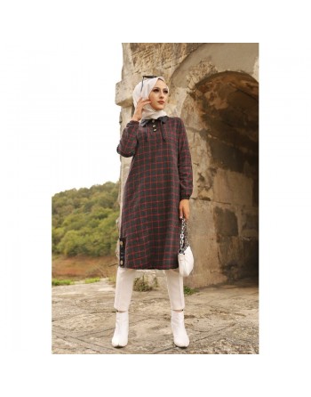Tunique longue à rayures (Tenue hijab) - Couleur anthracite et rouge 