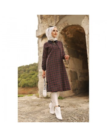 Tunique longue à rayures (Tenue hijab) - Couleur anthracite et rouge 