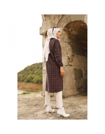 Tunique longue à rayures (Tenue hijab) - Couleur anthracite et rouge 