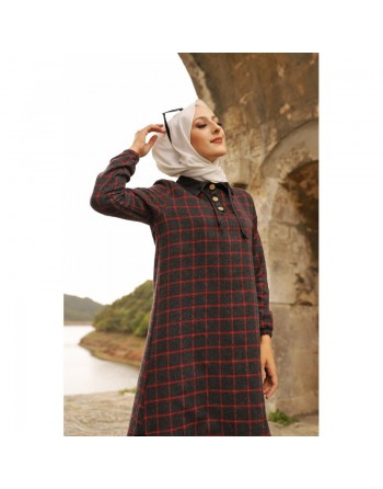 Tunique longue à rayures (Tenue hijab) - Couleur anthracite et rouge 