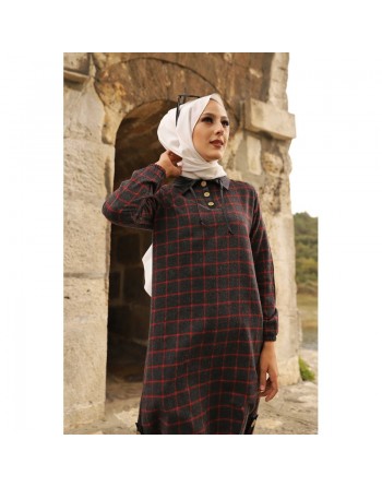 Tunique longue à rayures (Tenue hijab) - Couleur anthracite et rouge 