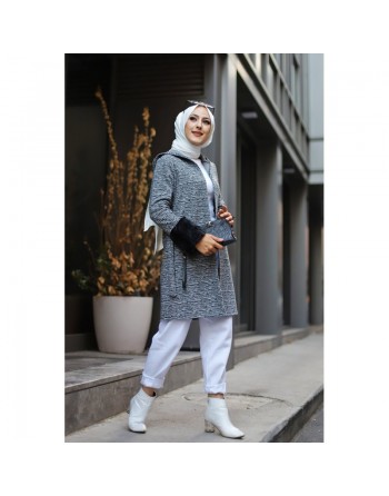 Gilet long avec capuche et manches à fourrure - Couleur gris 