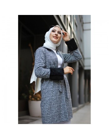 Gilet long avec capuche et manches à fourrure - Couleur gris 