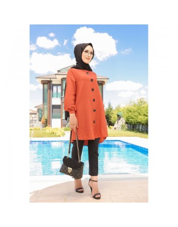 Chemise mi-longue fluide ample légèrement brillante (Vetement femme hijab) - Couleur brique 