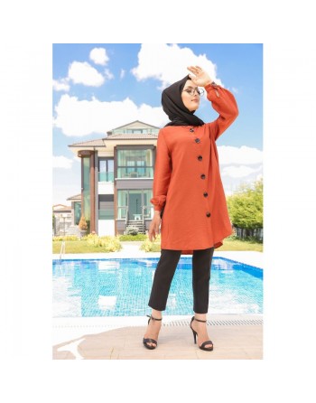 Chemise mi-longue fluide ample légèrement brillante (Vetement femme hijab) - Couleur brique 
