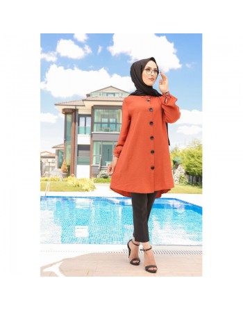 Chemise mi-longue fluide ample légèrement brillante (Vetement femme hijab) - Couleur brique 