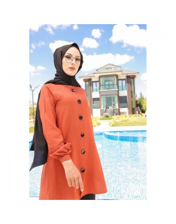Chemise mi-longue fluide ample légèrement brillante (Vetement femme hijab) - Couleur brique 