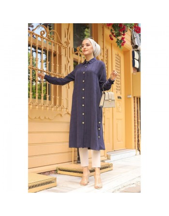 Chemise longue casual boutonnée - Couleur bleu marine 