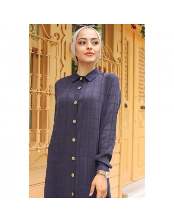 Chemise longue casual boutonnée - Couleur bleu marine 