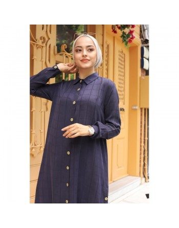 Chemise longue casual boutonnée - Couleur bleu marine 