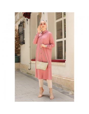 Chemise longue boutonnée nouvelle saison (Vêtement ample pour femme) - Couleur rose 