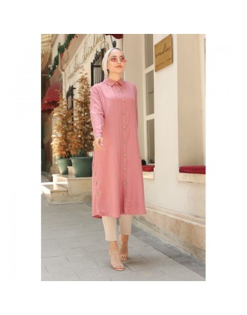 Chemise longue boutonnée nouvelle saison (Vêtement ample pour femme) - Couleur rose 
