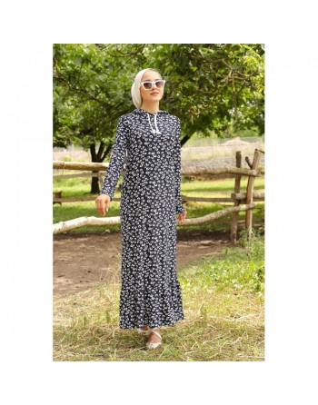 Robe longue à capuche finition volante à motifs feuilles nénuphar - Couleur bleu marine 