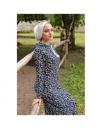 Robe longue à capuche finition volante à motifs feuilles nénuphar - Couleur bleu marine 