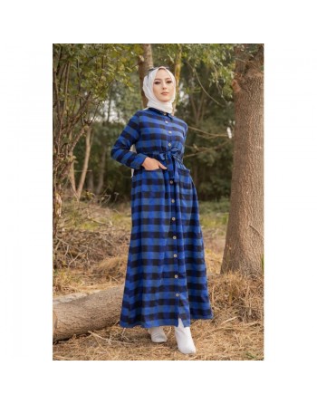 Robe chemise longue à carreaux avec ceinture assortie pour femme - Couleur Bleu roi et noir 