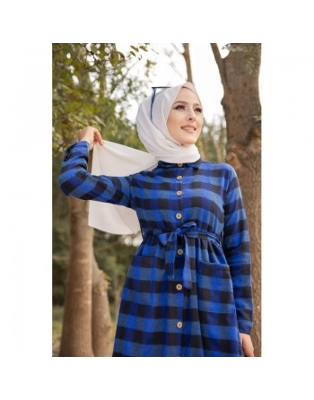 Robe chemise longue à carreaux avec ceinture assortie pour femme - Couleur Bleu roi et noir 