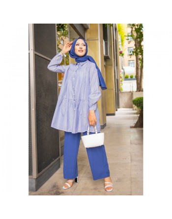 Chemise-Tunique casual ample à rayures bleues (Vetement pour femme voilée) 