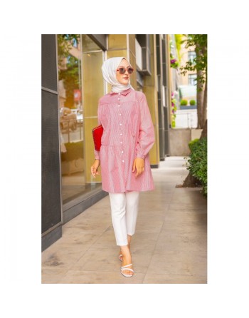 Chemise-Tunique ample à rayures bordeaux (Modest Fashion) - Couleur rose 