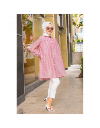 Chemise-Tunique ample à rayures bordeaux (Modest Fashion) - Couleur rose 