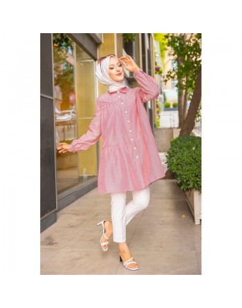 Chemise-Tunique ample à rayures bordeaux (Modest Fashion) - Couleur rose 