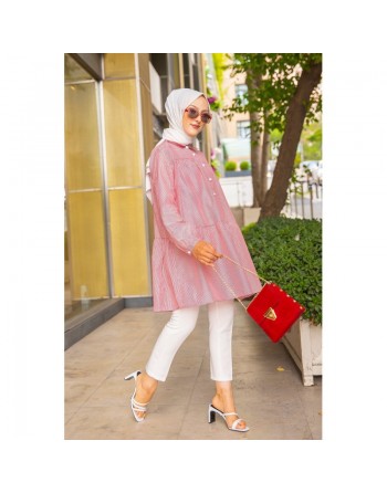 Chemise-Tunique ample à rayures bordeaux (Modest Fashion) - Couleur rose 
