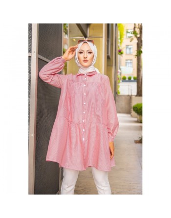 Chemise-Tunique ample à rayures bordeaux (Modest Fashion) - Couleur rose 