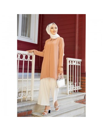 Tunique ample coupe originale (Vetement Mastour pour femme voilée) - Couleur Beige foncé 