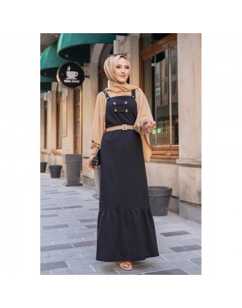 Robe bretelle (Salopette ) et sa ceinture assortie pour femme (Vetement hijab en ligne) - Couleur noire 