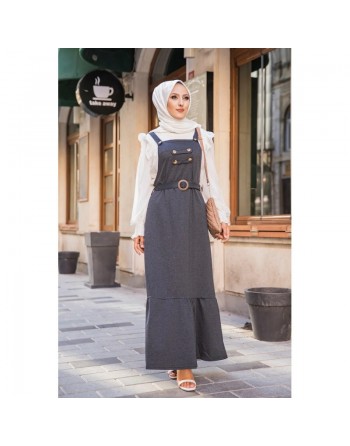 Robe bretelle (Salopette ) et sa ceinture assortie pour femme (Vetement hijab en ligne) - Couleur anthracite (gris foncé... 