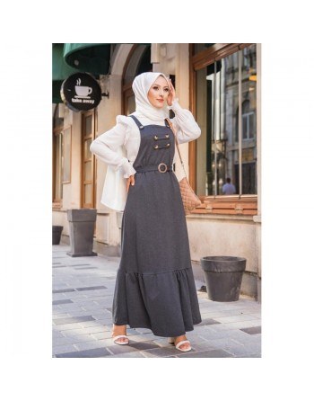 Robe bretelle (Salopette ) et sa ceinture assortie pour femme (Vetement hijab en ligne) - Couleur anthracite (gris foncé... 