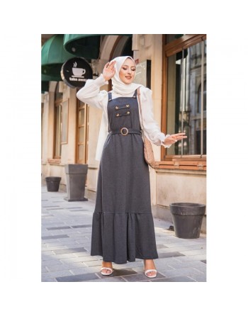 Robe bretelle (Salopette ) et sa ceinture assortie pour femme (Vetement hijab en ligne) - Couleur anthracite (gris foncé... 