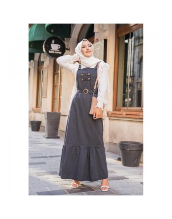 Robe bretelle (Salopette ) et sa ceinture assortie pour femme (Vetement hijab en ligne) - Couleur anthracite (gris foncé... 