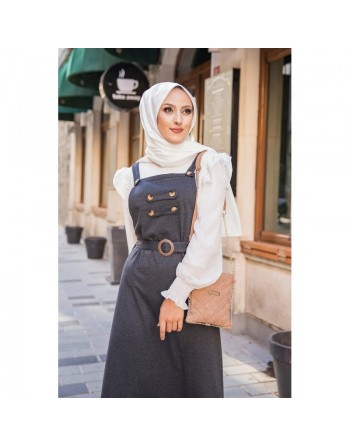 Robe bretelle (Salopette ) et sa ceinture assortie pour femme (Vetement hijab en ligne) - Couleur anthracite (gris foncé... 